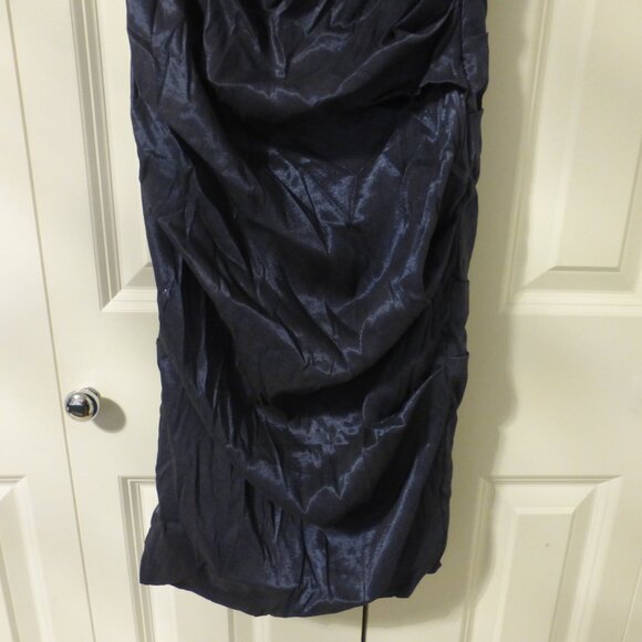 LE CHATEAU navy blue shimmery satin ruched cocktail party midi dress - Picture 5 of 9